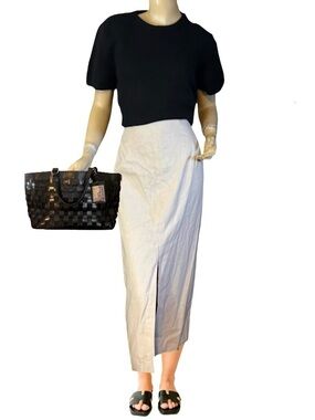 FASHION OPTIONS FRONT SLIT ECRU LINEN & COTTON BLEND MAXI SKIRT (16)